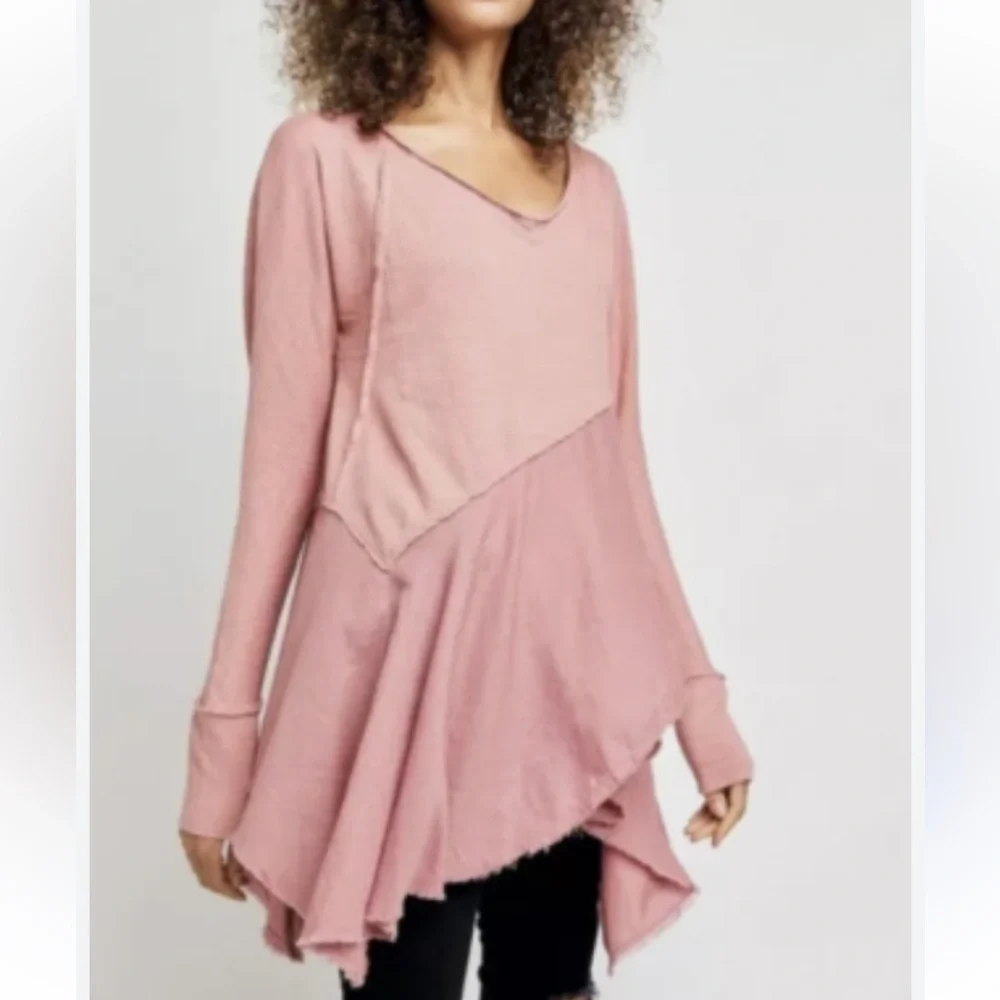 Free People tunic oh bloom pink small dusty rose comin in hot shirt raw hem NEW